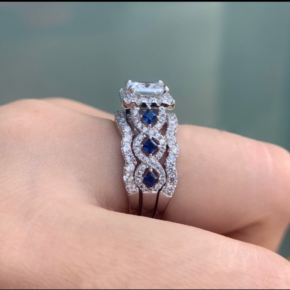 New! Princess Cut & Sapphire 3 ring 3A 6mm cz Sterling Silver Engagement Ring! - Picture 3 of 17